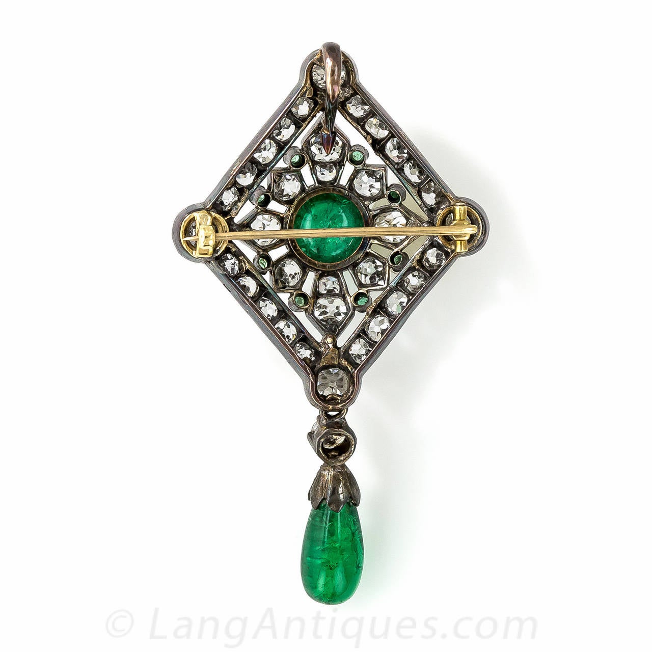 Victorian Emerald Diamond Silver Gold Pin Pendant In Good Condition For Sale In San Francisco, CA