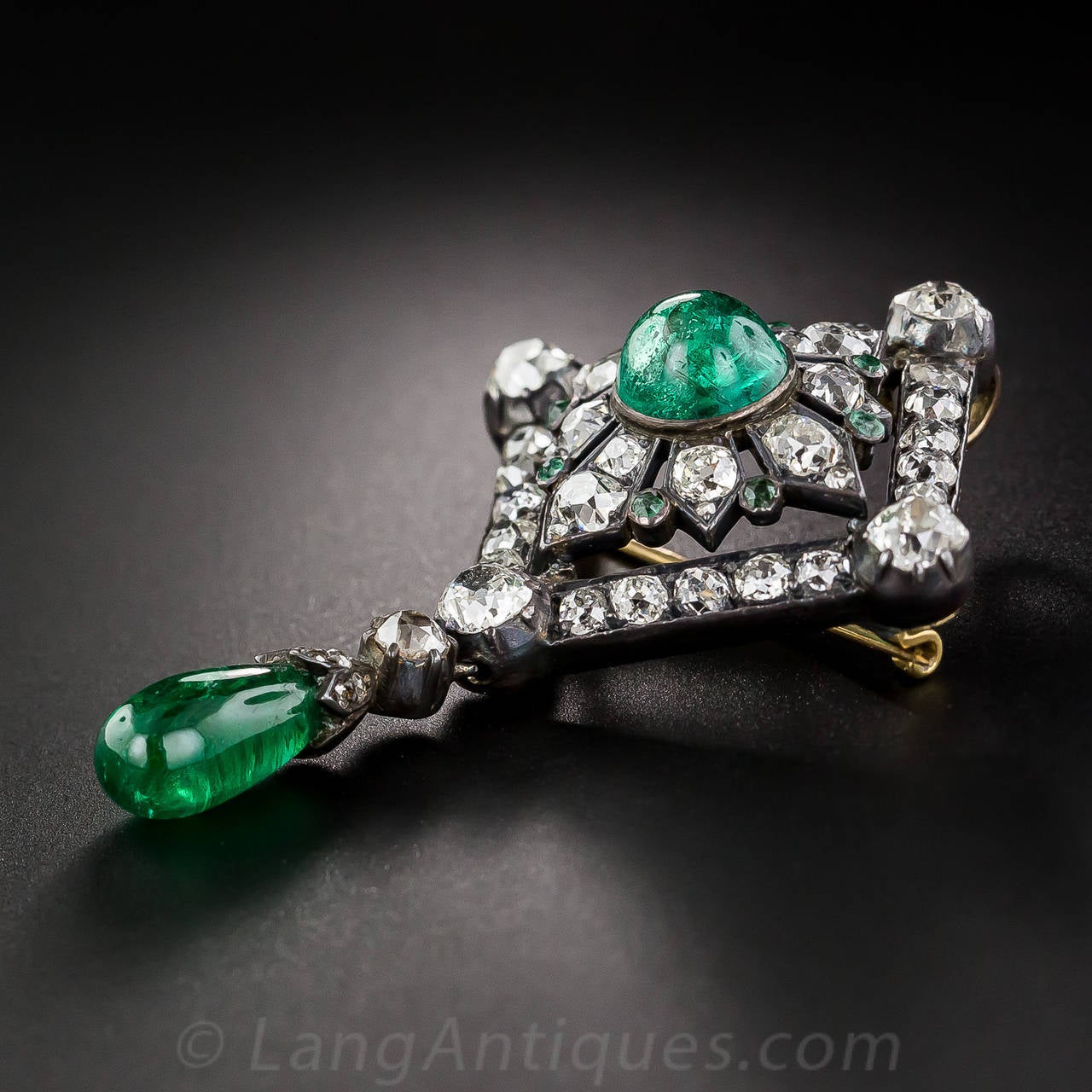 Women's Victorian Emerald Diamond Silver Gold Pin Pendant For Sale