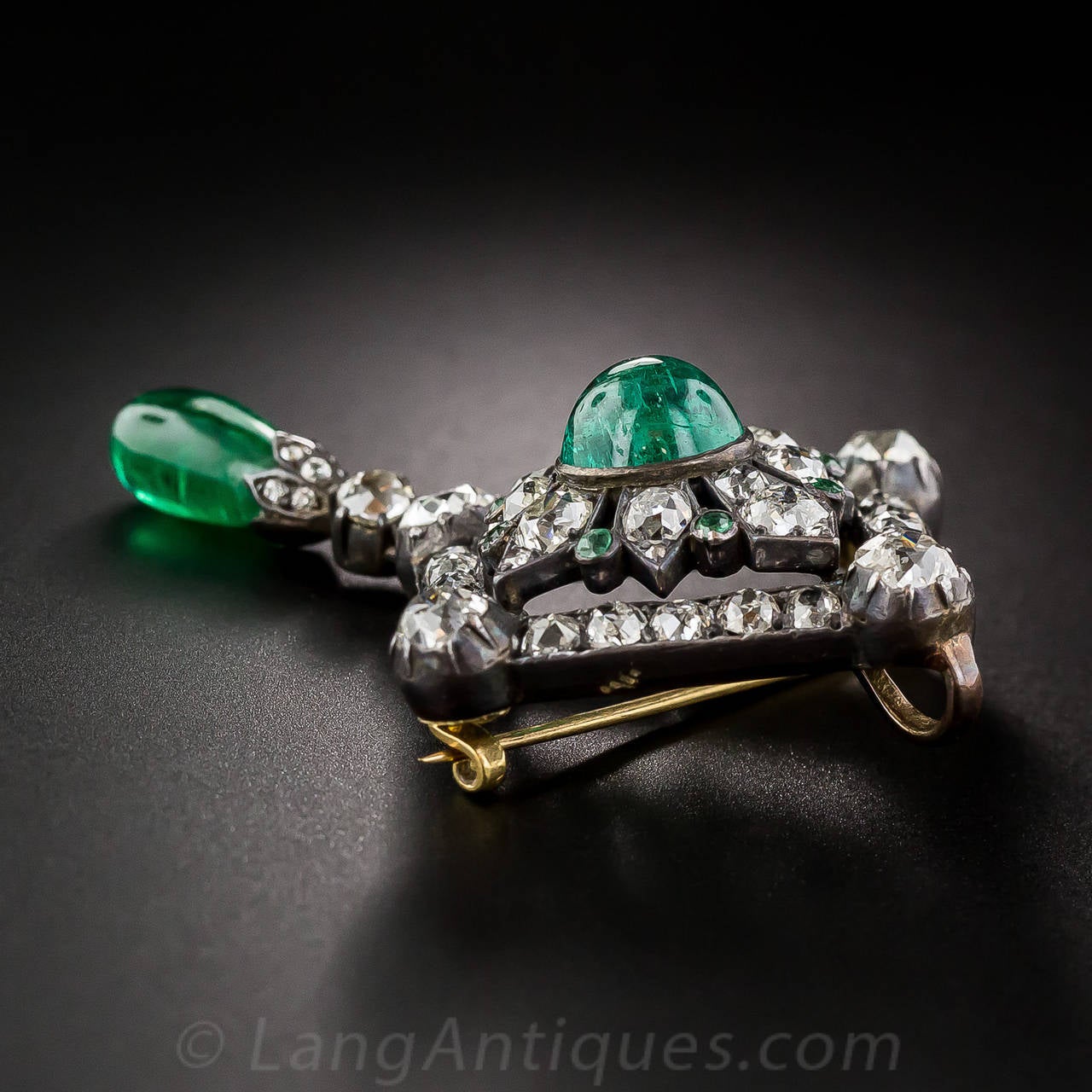 Victorian Emerald Diamond Silver Gold Pin Pendant For Sale 1