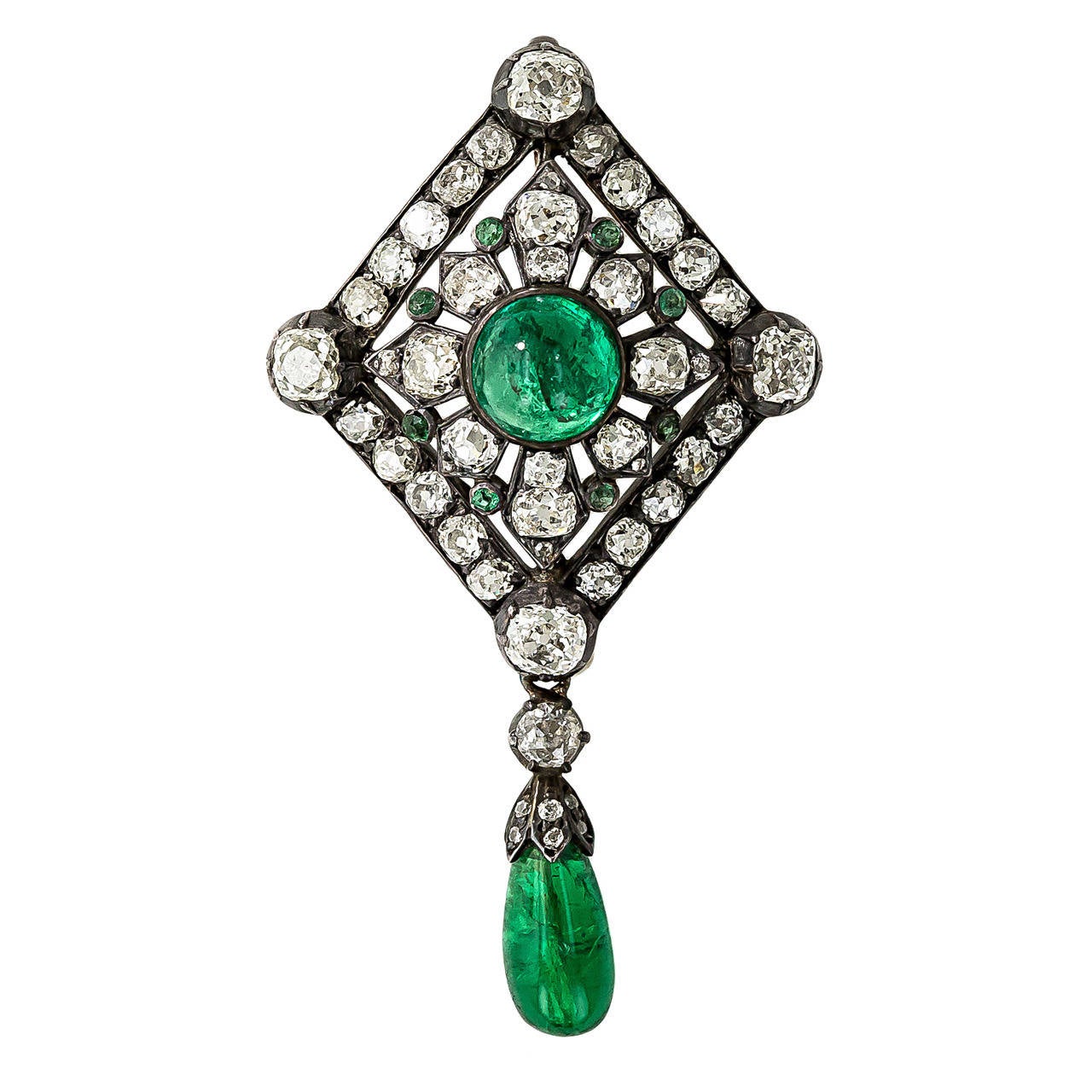 Victorian Emerald Diamond Silver Gold Pin Pendant For Sale