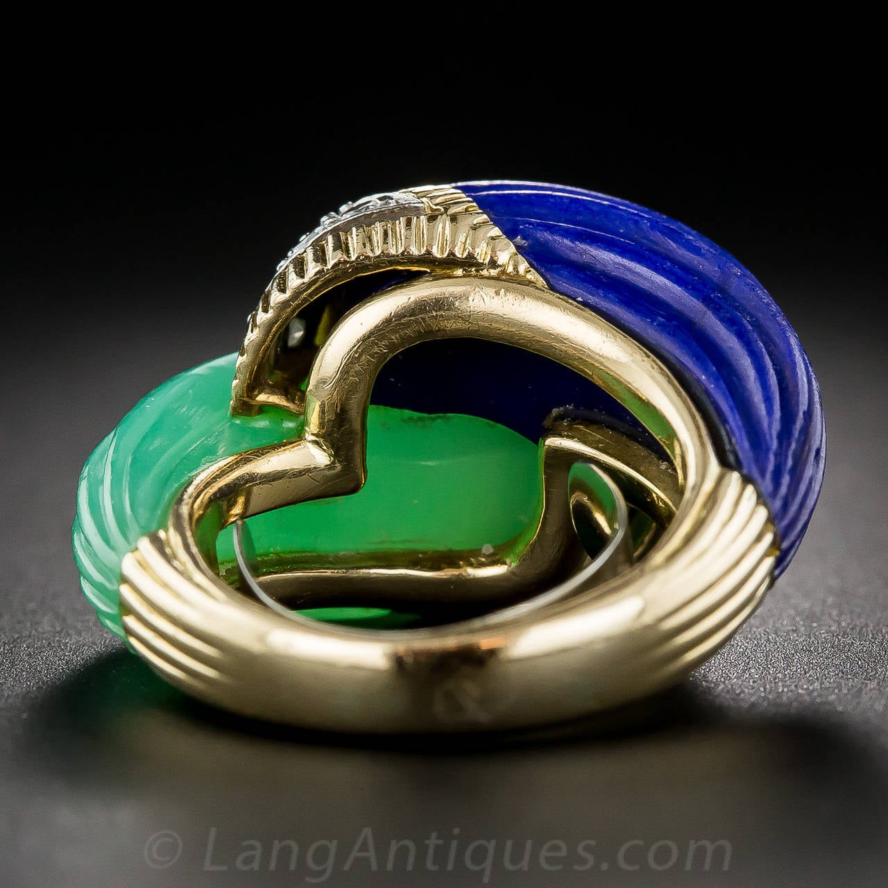 Chrysoprase Lapis Diamond Gold Bypass Ring For Sale 1