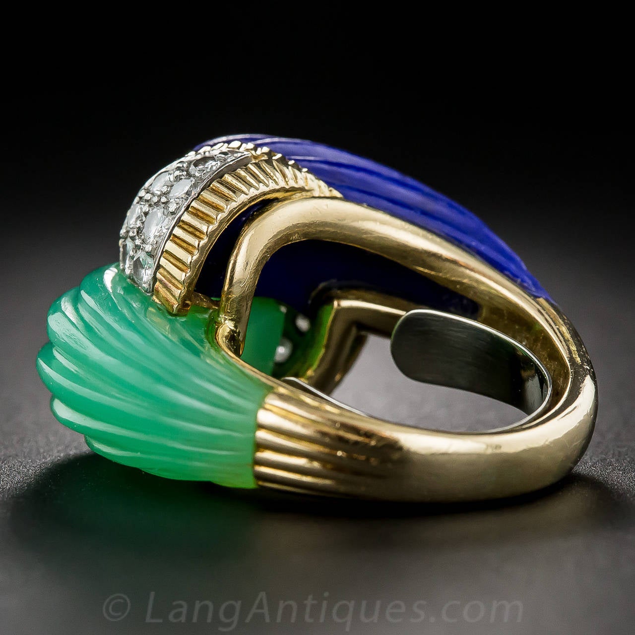 Chrysoprase Lapis Diamond Gold Bypass Ring For Sale 2