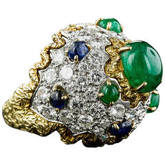 1960s Sapphire Emerald Diamond Bombe Ring