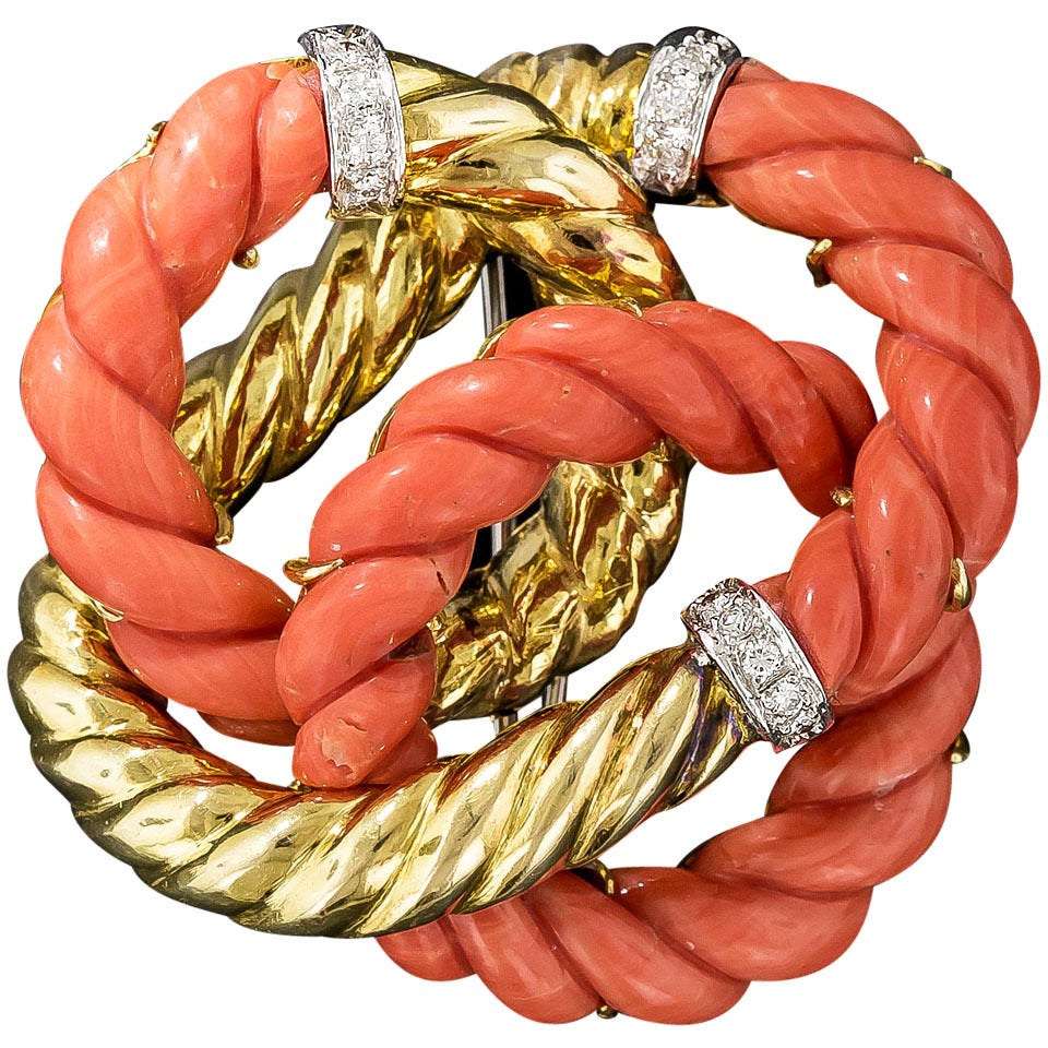 Coral Diamond Gold Knot Brooch For Sale
