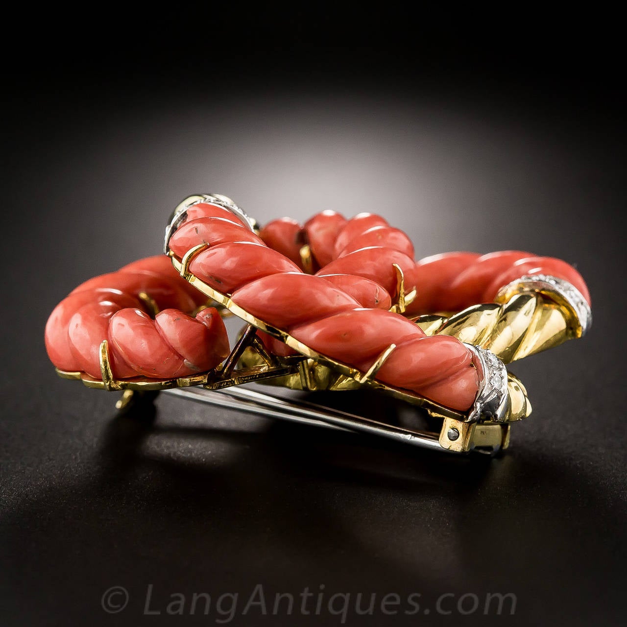Women's Coral Diamond Gold Knot Brooch For Sale