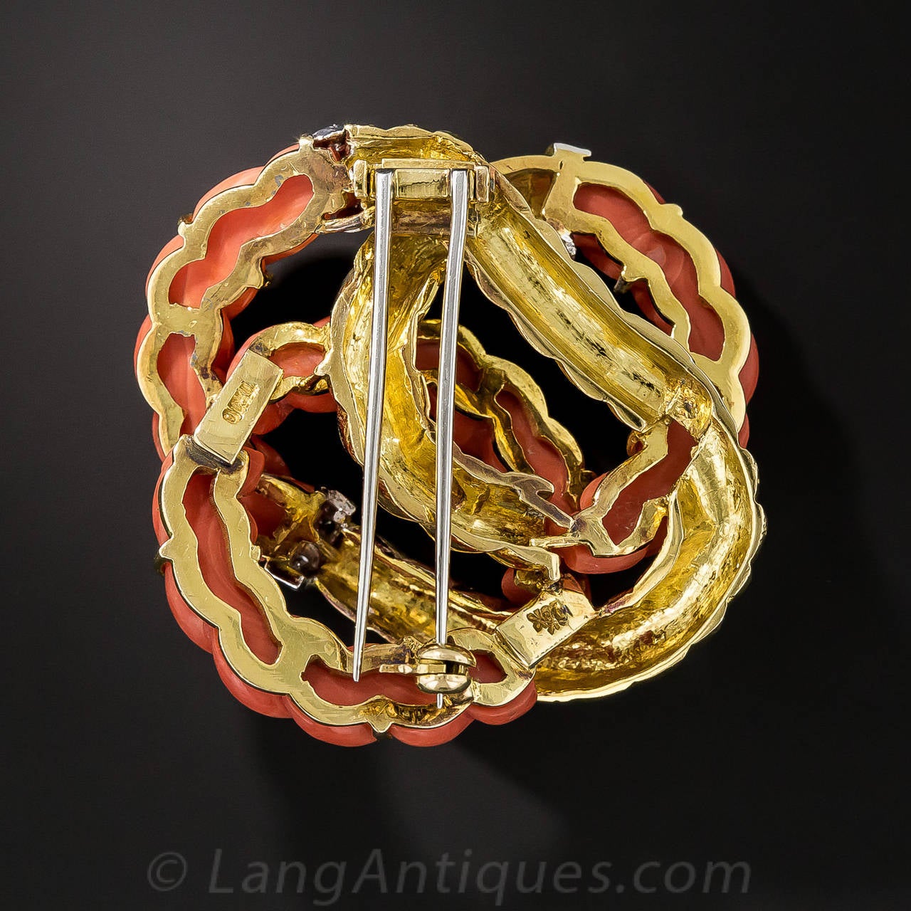 Modern Coral Diamond Gold Knot Brooch For Sale