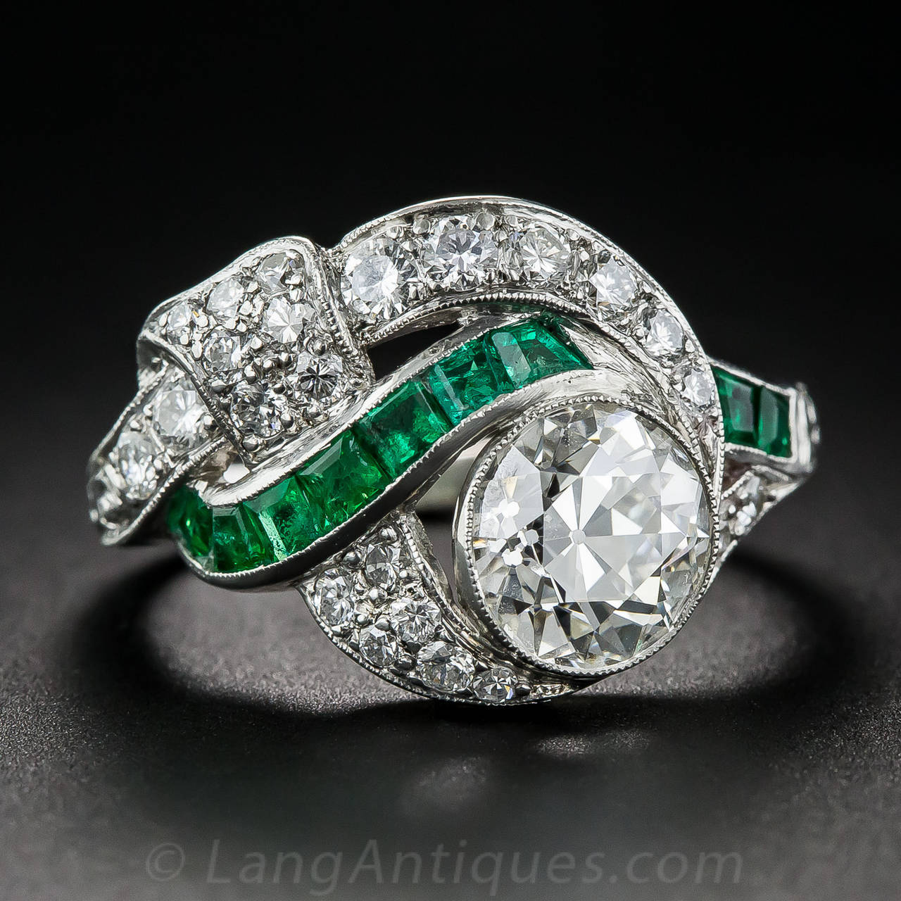 Art Deco 1.97 Carat Center Diamond and Emerald Ring