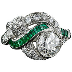 Art Deco 1.97 Carat Center Diamond and Emerald Ring