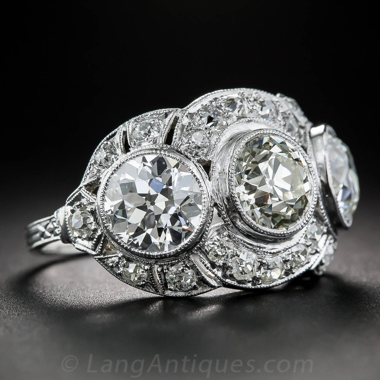 Art Deco 3.65 Carat Diamond Platinum Three-Stone Ring In Excellent Condition For Sale In San Francisco, CA