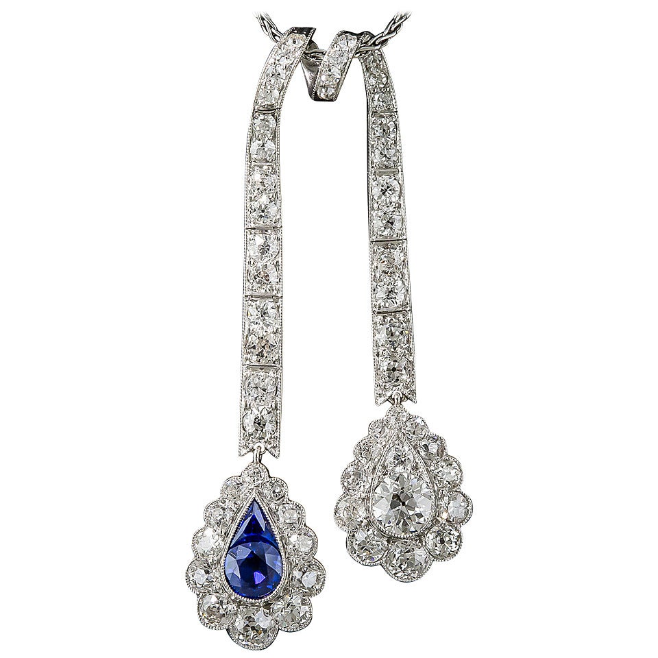 Edwardian Sapphire Diamond Platinum Negligee Necklace For Sale