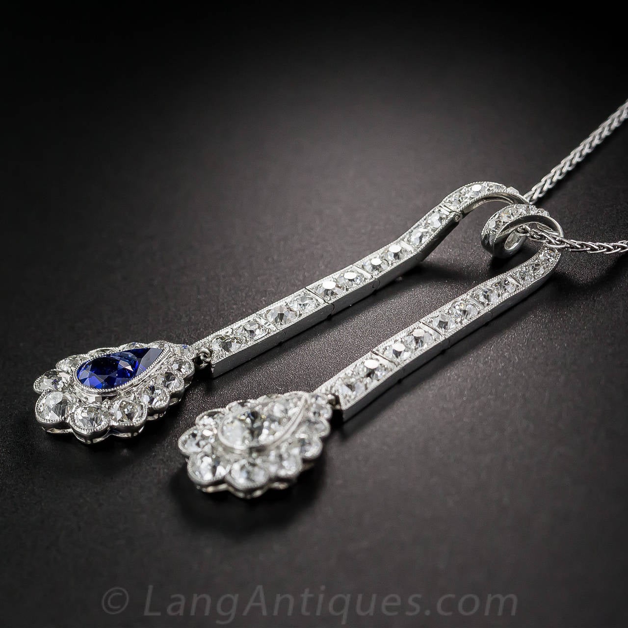 Women's Edwardian Sapphire Diamond Platinum Negligee Necklace For Sale