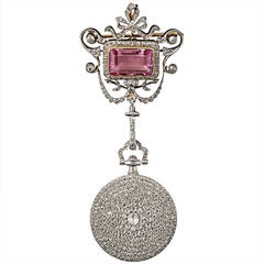 Cartier Lady's Diamond Pendant Watch and Tourmaline Brooch