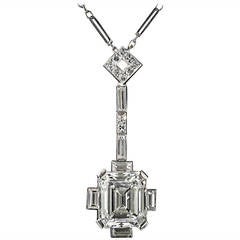 Art Deco 3.47 Carat Asscher-Cut Diamond Platinum Pendant Necklace