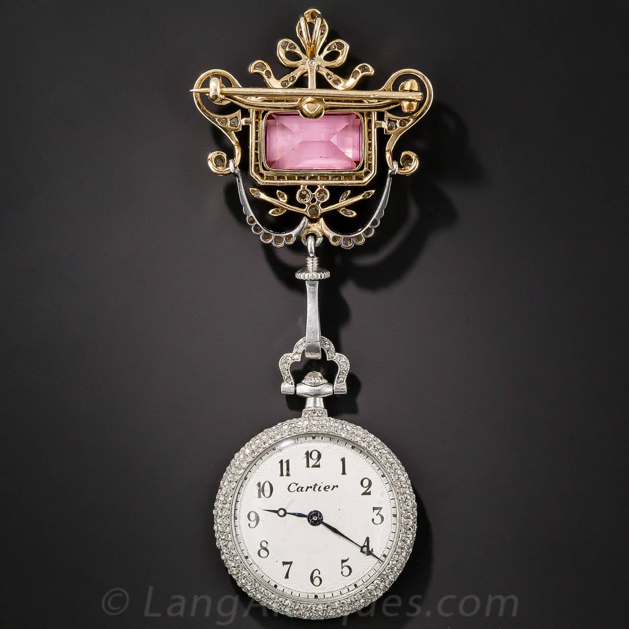 Art Deco Cartier Lady's Diamond Pendant Watch and Tourmaline Brooch For Sale