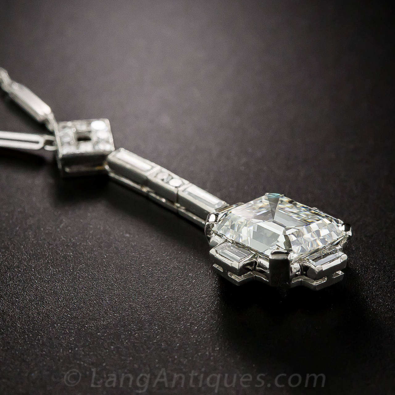 Art Deco 3.47 Carat Asscher-Cut Diamond Platinum Pendant Necklace In Excellent Condition In San Francisco, CA