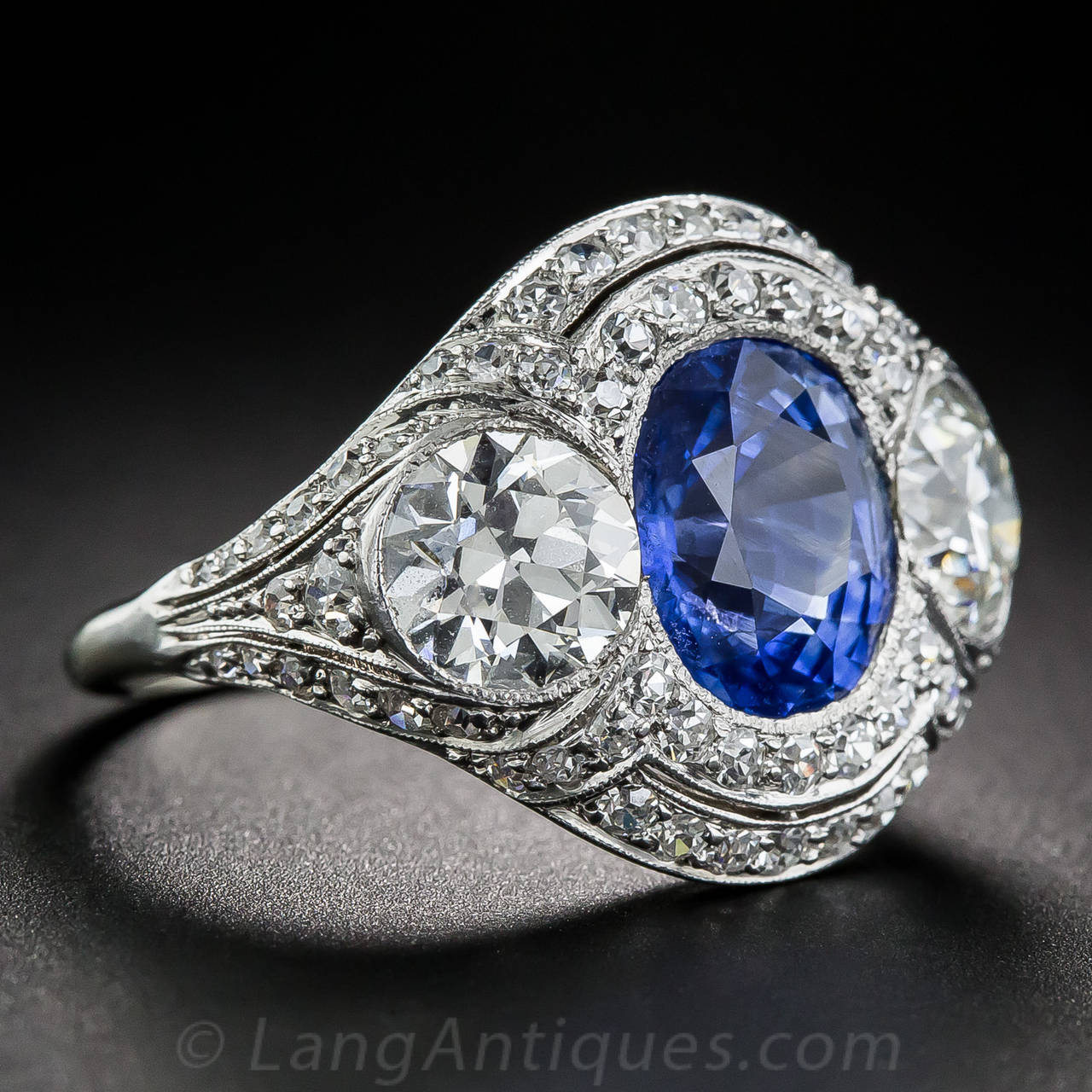 3.46 Carat No-Heat Sapphire and Diamond Art Deco Ring In Excellent Condition For Sale In San Francisco, CA