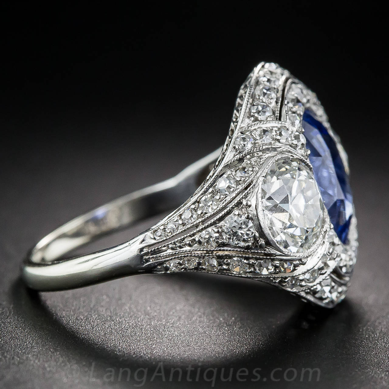 Women's 3.46 Carat No-Heat Sapphire and Diamond Art Deco Ring For Sale