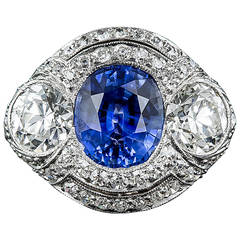 Vintage 3.46 Carat No-Heat Sapphire and Diamond Art Deco Ring
