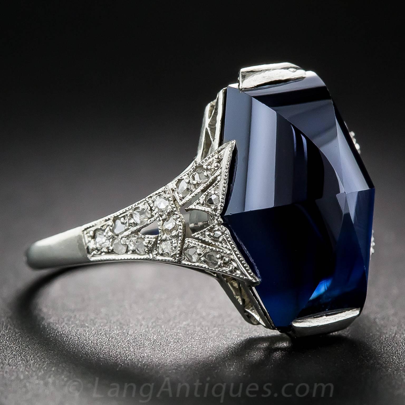 7.25 Carat French Art Deco Sapphire Diamond Platinum Ring In Excellent Condition For Sale In San Francisco, CA