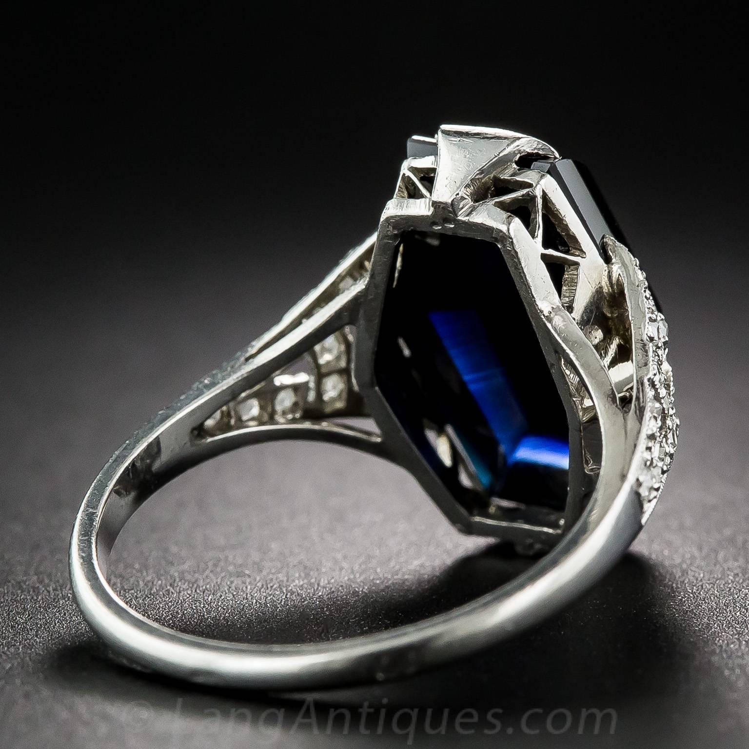 7.25 Carat French Art Deco Sapphire Diamond Platinum Ring For Sale 1