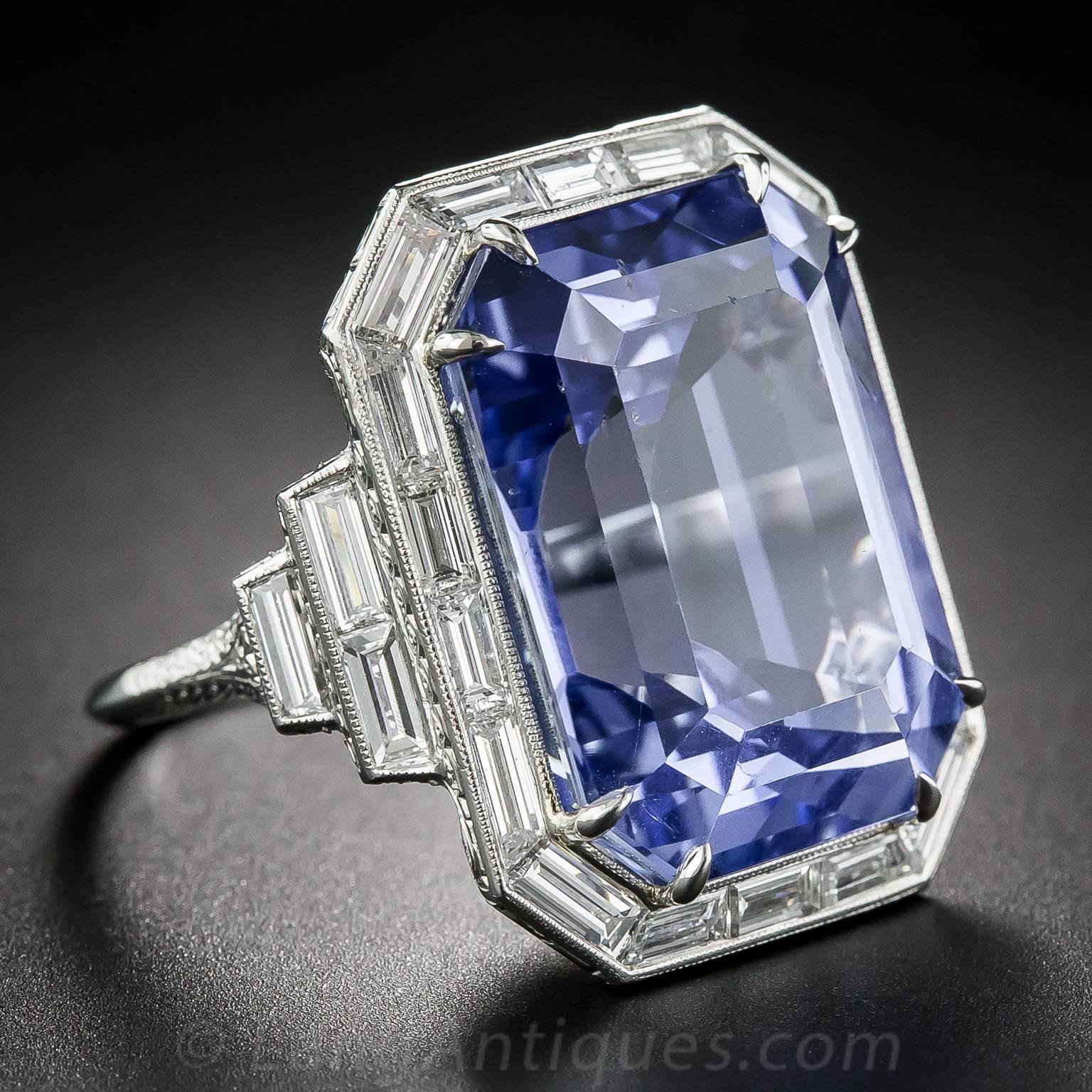 Art Deco 33.06 Carat No Heat Sapphire Diamond Platinum Ring