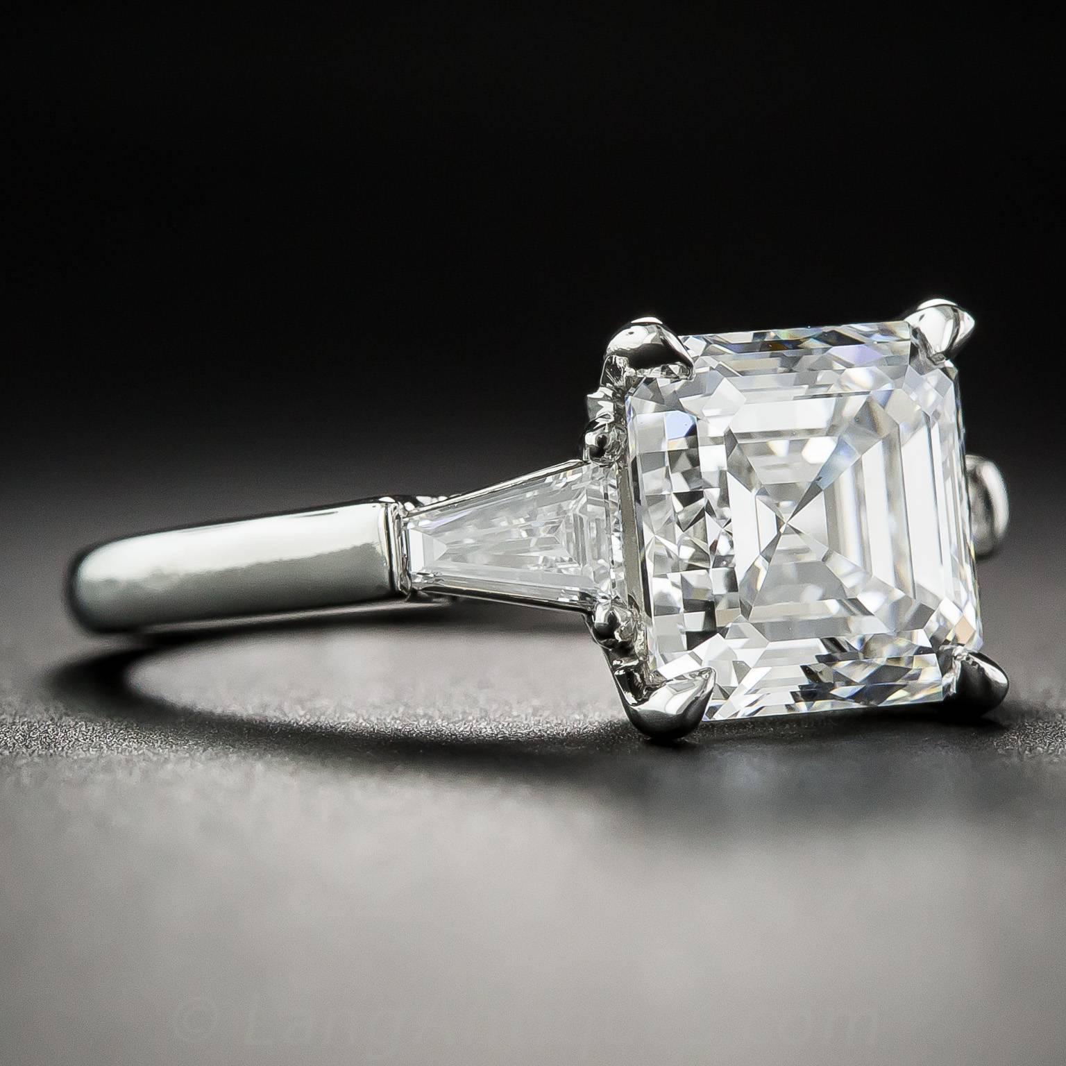3.01 Carat GIA E/VS2 Square Emerald Cut Diamond Platinum Ring In New Condition For Sale In San Francisco, CA