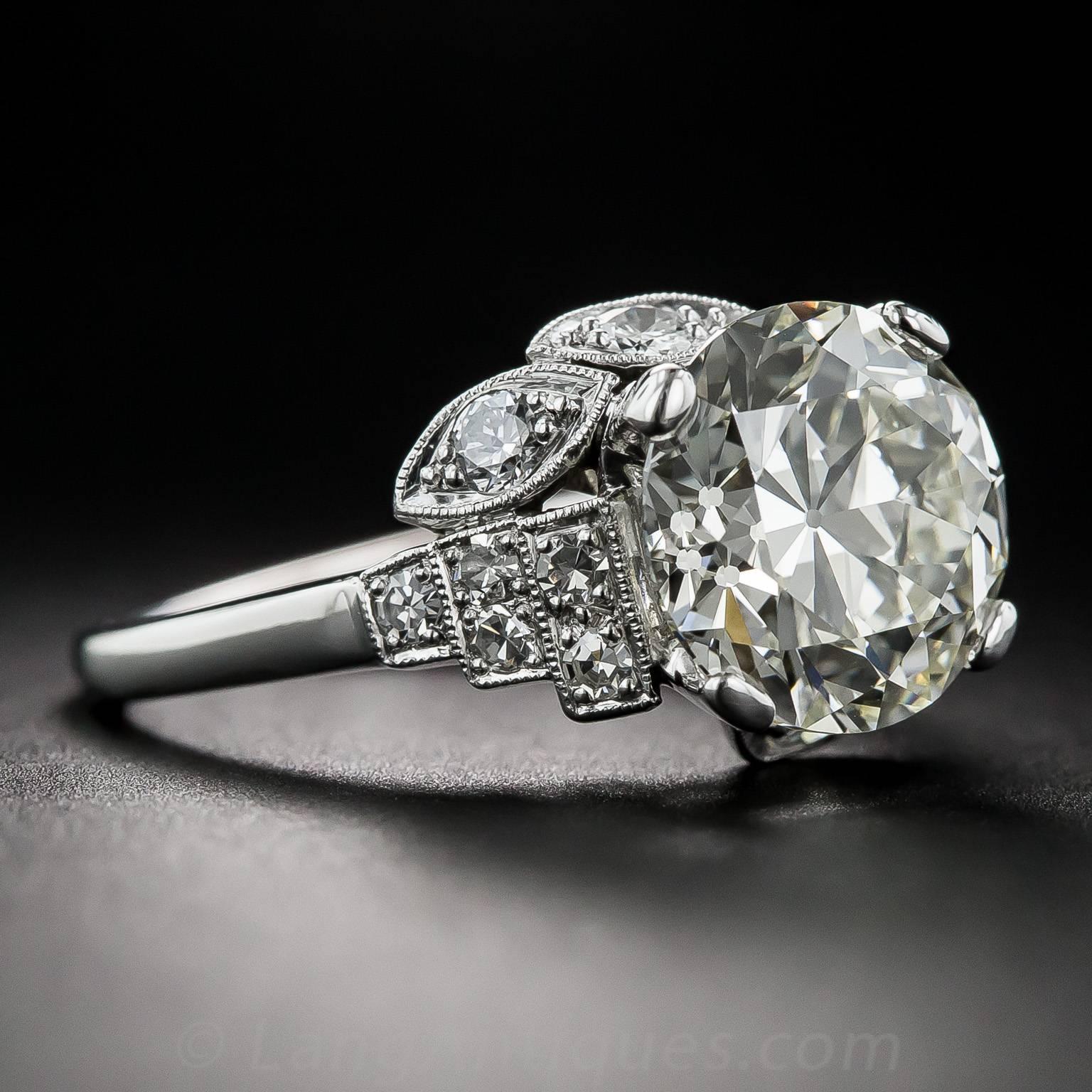 Art Deco 3.47 Carat GIA Cert European-Cut Diamond Gold Platinum Ring