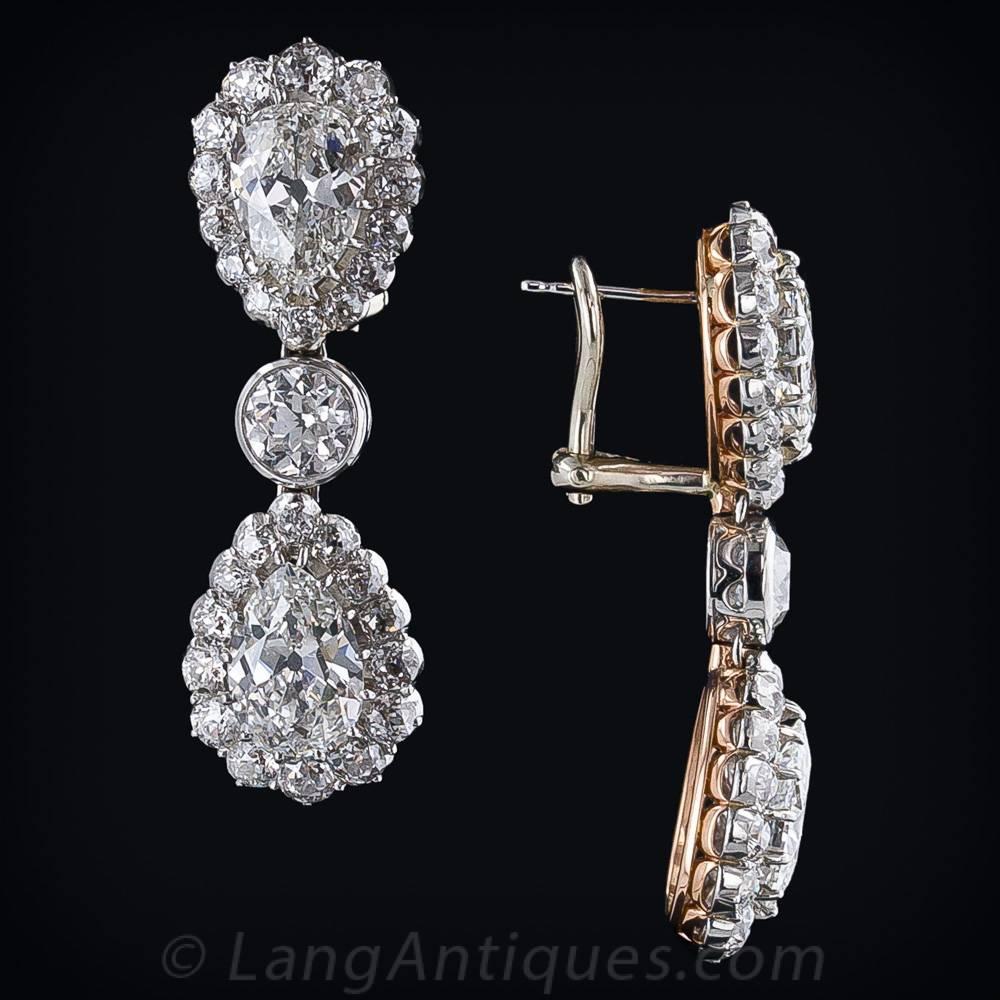 Late Victorian Antique 12.75 Carats Double Pear Shape Diamonds Gold Drop Earrings For Sale