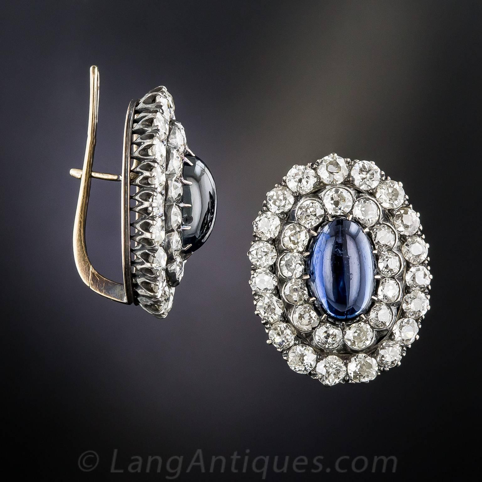 Late Victorian 1890s Antique Cabochon Sapphire Diamond Earrings For Sale