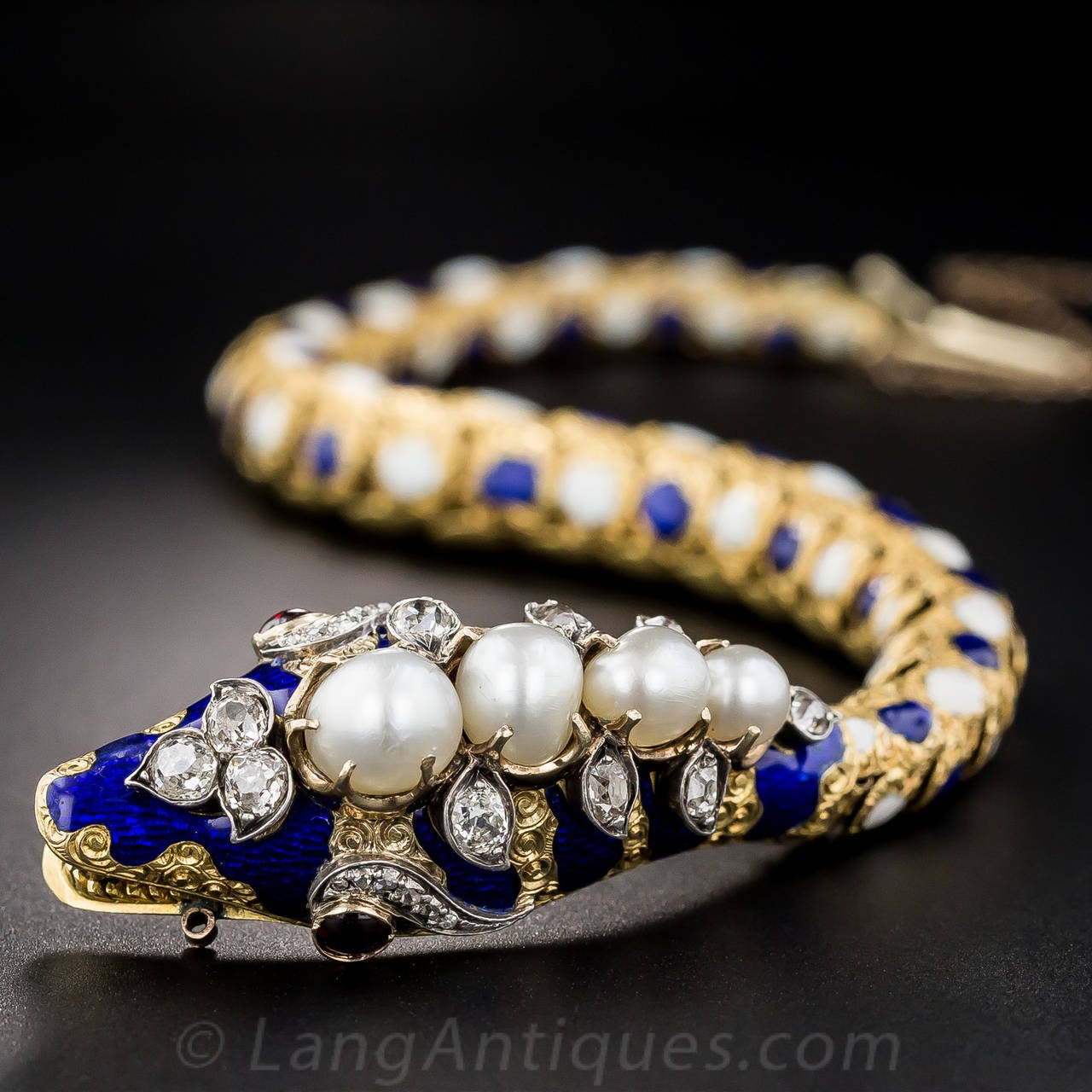 Victorian Enamel Natural Pearl Diamond Gold Snake Bracelet In Excellent Condition For Sale In San Francisco, CA