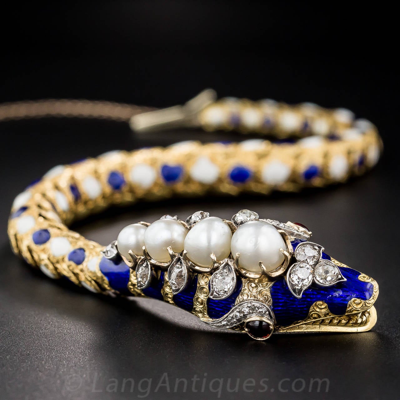 Victorian Enamel Natural Pearl Diamond Gold Snake Bracelet For Sale 1