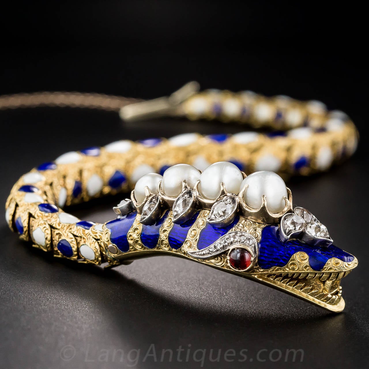 Victorian Enamel Natural Pearl Diamond Gold Snake Bracelet For Sale 2