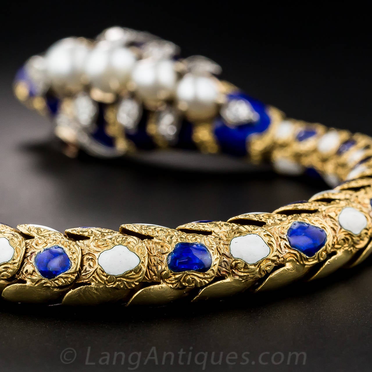 Victorian Enamel Natural Pearl Diamond Gold Snake Bracelet For Sale 3