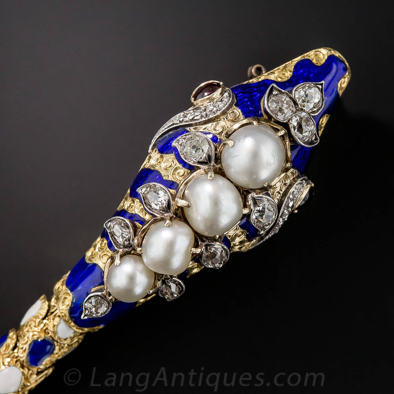 Victorian Enamel Natural Pearl Diamond Gold Snake Bracelet For Sale 5