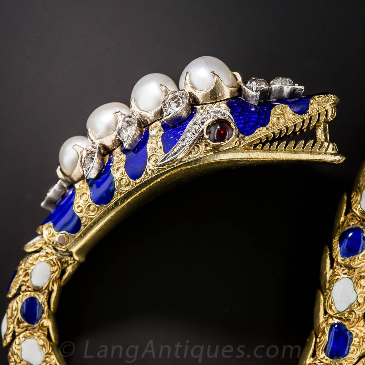 Victorian Enamel Natural Pearl Diamond Gold Snake Bracelet For Sale 6