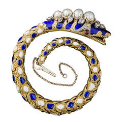 Victorian Enamel Natural Pearl Diamond Gold Snake Bracelet