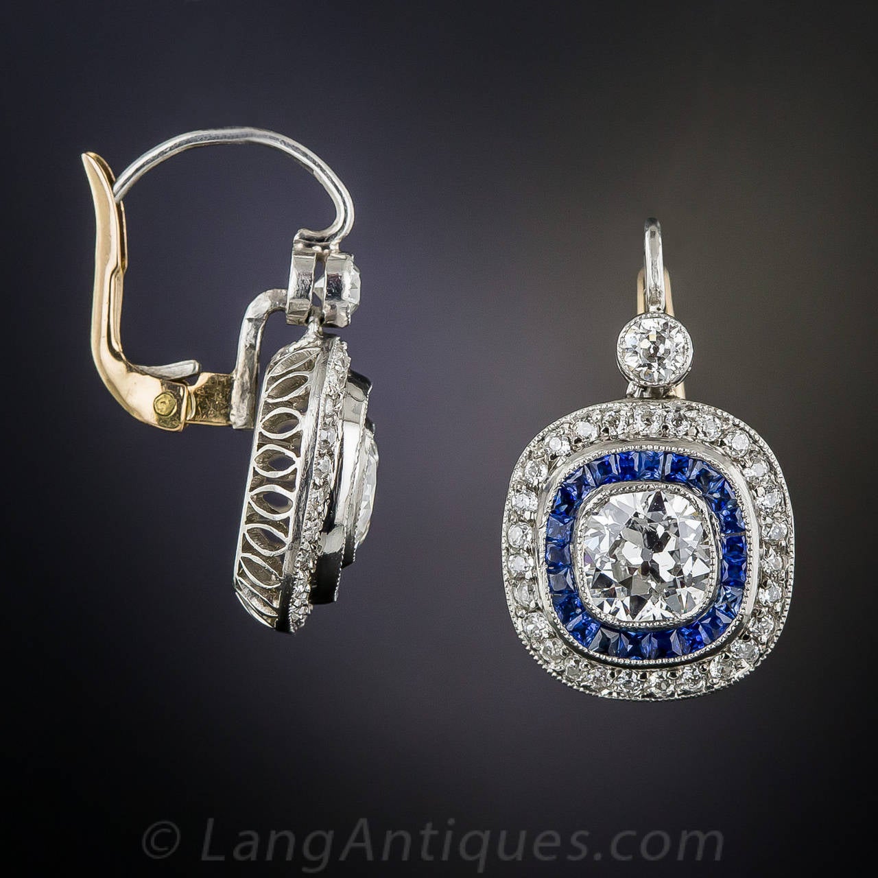 Art Deco 2.10 Carat Diamond Sapphire Platinum Cluster Earrings