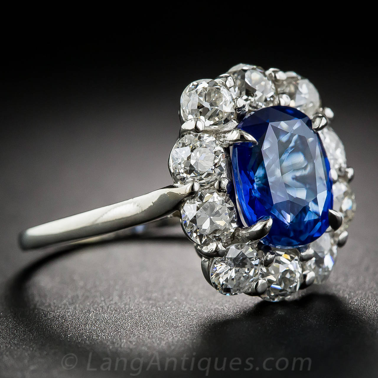 French 3.51 Carat Natural No-Heat Sapphire Diamond Platinum Ring In Excellent Condition In San Francisco, CA