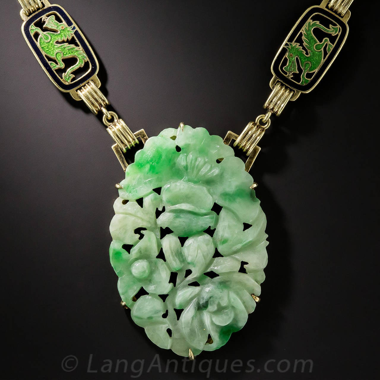 Women's Art Deco Carved Natural Jade Enamel Gold Necklace and Bracelet For Sale