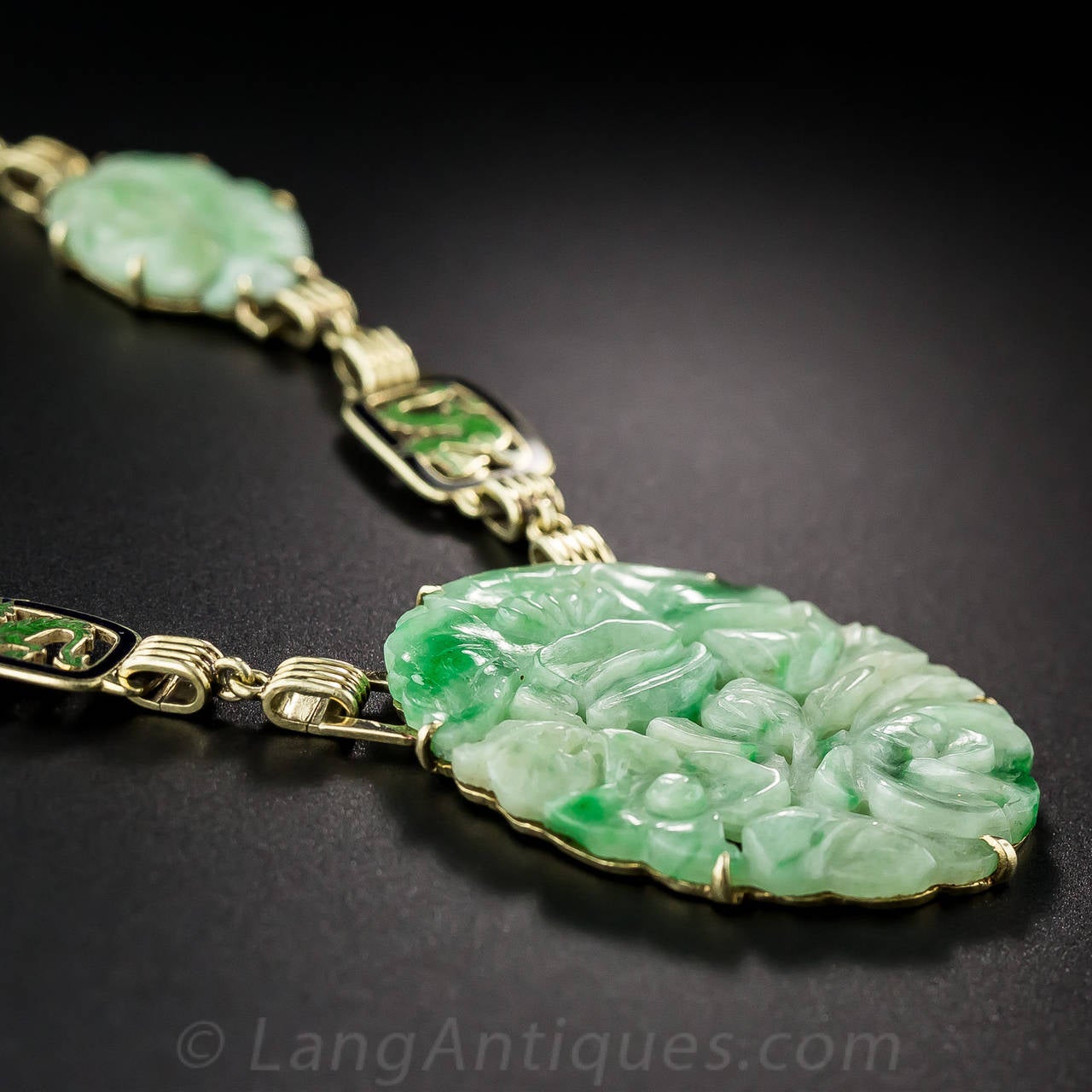 Art Deco Carved Natural Jade Enamel Gold Necklace and Bracelet For Sale 2