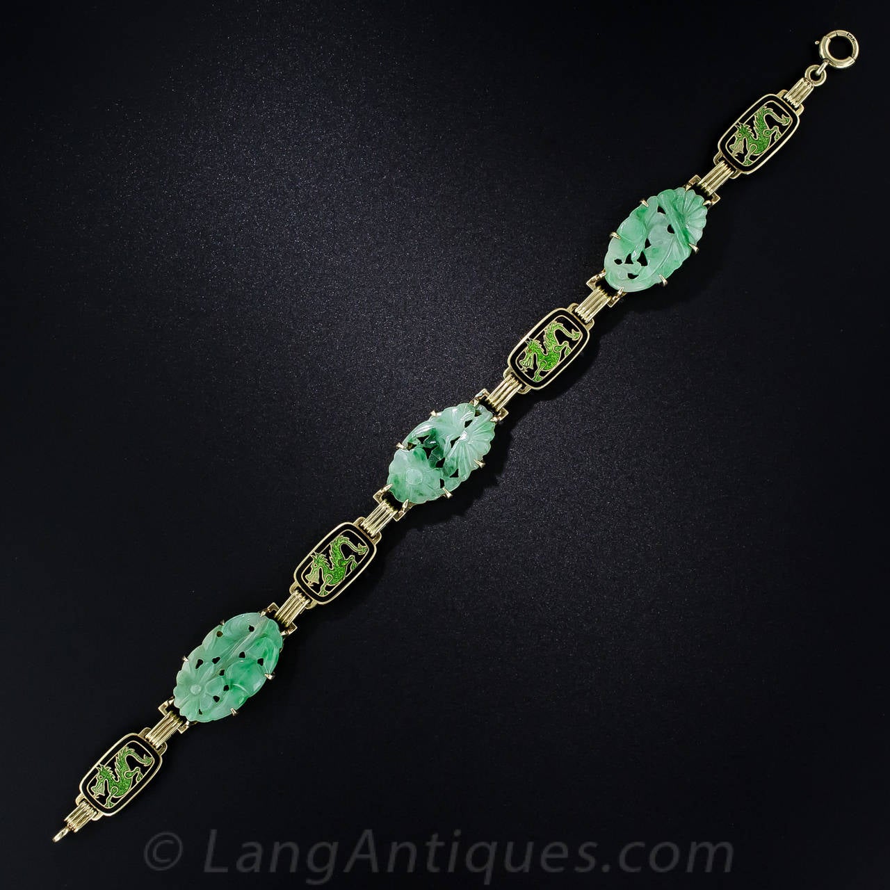 Art Deco Carved Natural Jade Enamel Gold Necklace and Bracelet For Sale 3