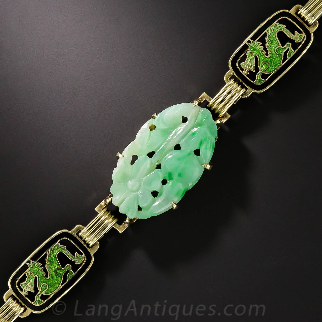 Art Deco Carved Natural Jade Enamel Gold Necklace and Bracelet For Sale 4