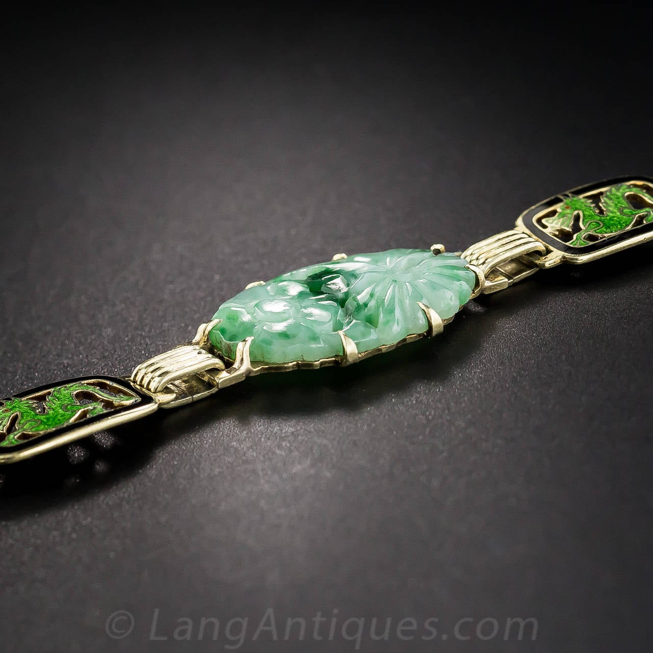 Art Deco Carved Natural Jade Enamel Gold Necklace and Bracelet For Sale 5