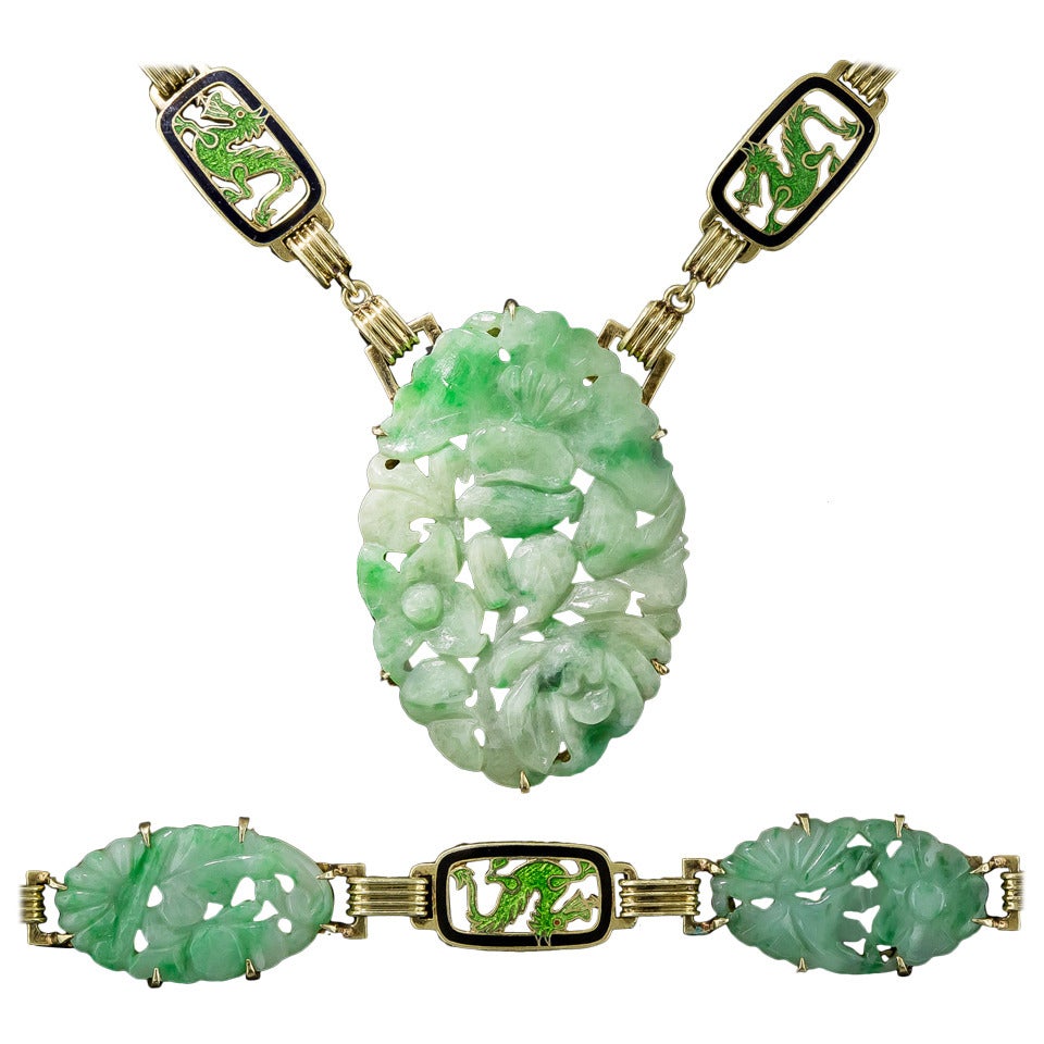 Art Deco Carved Natural Jade Enamel Gold Necklace and Bracelet For Sale