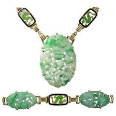 Art Deco Carved Natural Jade Enamel Gold Necklace and Bracelet