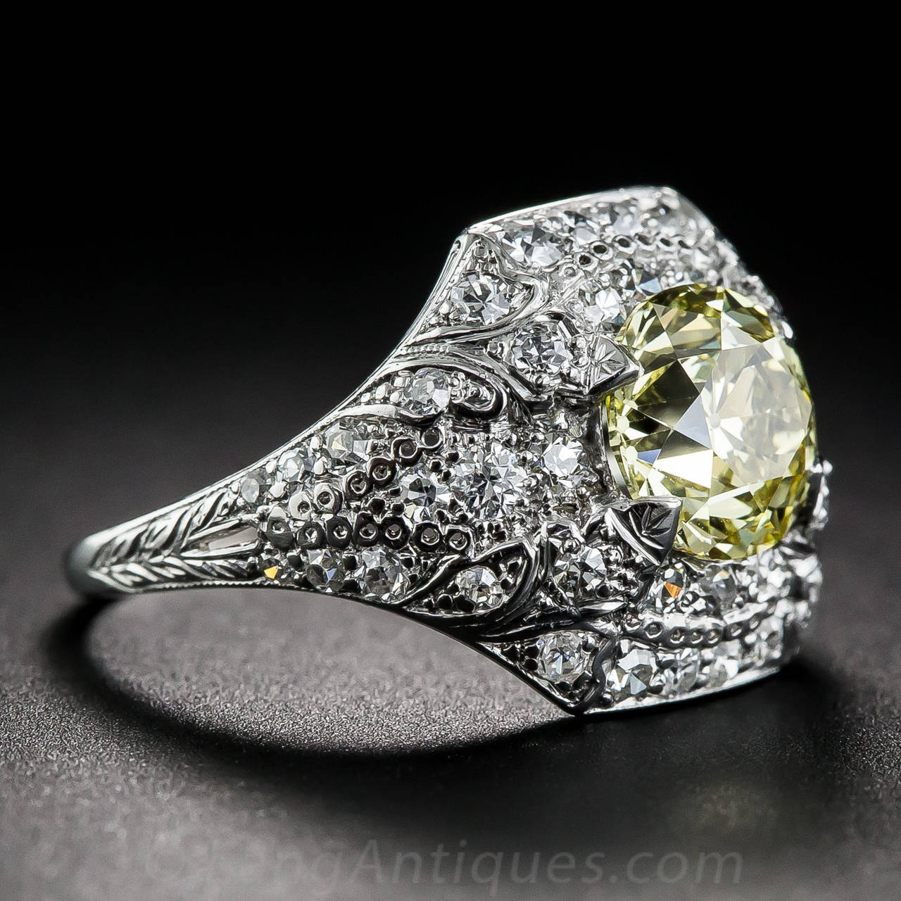 1.76 Carat Art Deco Fancy Yellow Diamond Platinum Ring In Excellent Condition In San Francisco, CA