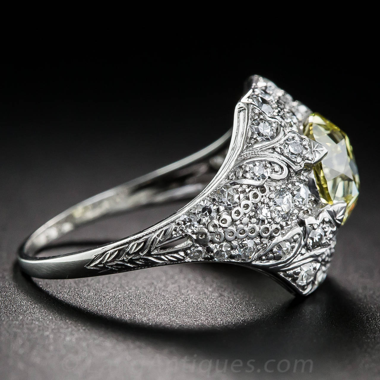 Women's 1.76 Carat Art Deco Fancy Yellow Diamond Platinum Ring
