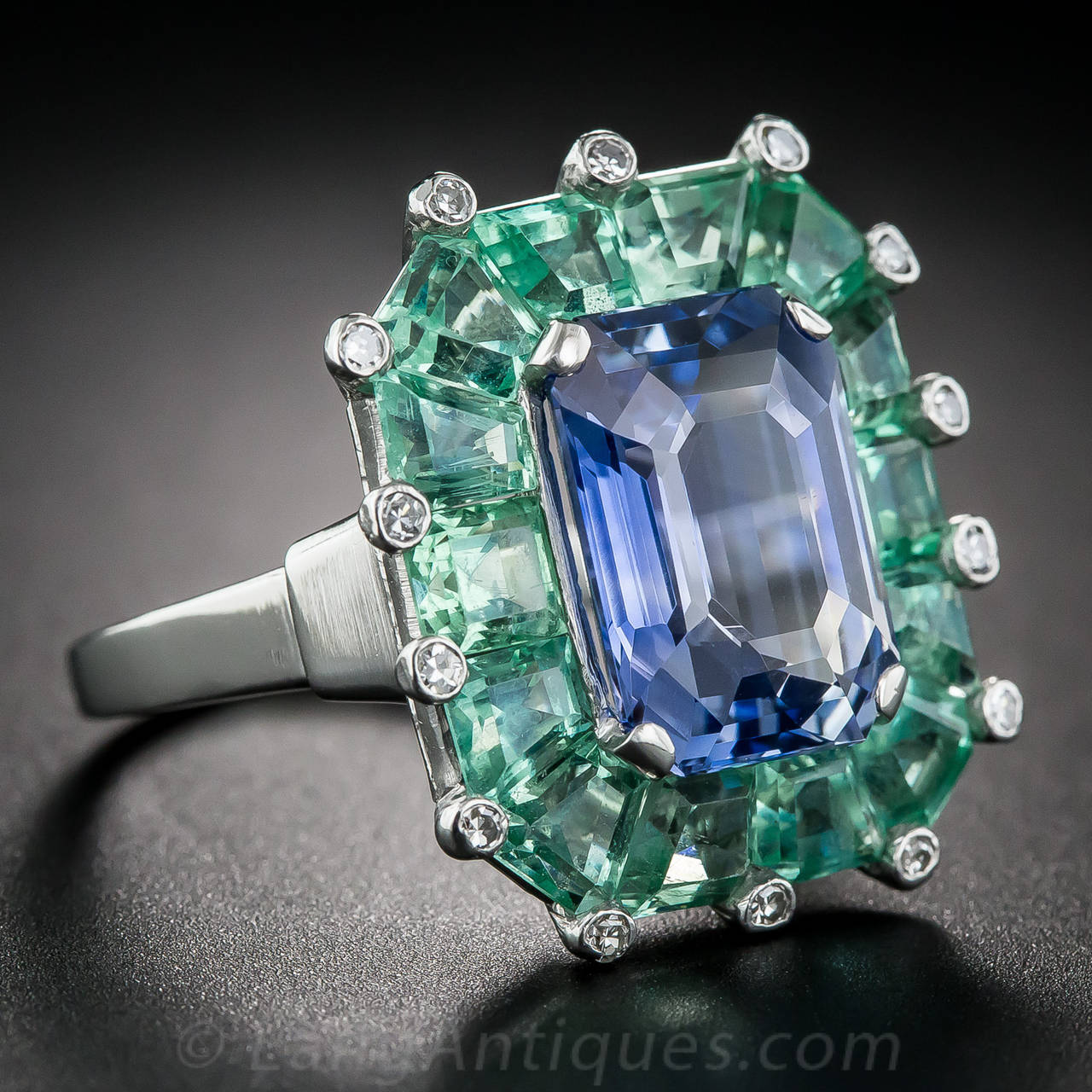 Art Deco 5.68 Natural No-Heat Sapphire Green Beryl Platinum Cocktail Ring For Sale