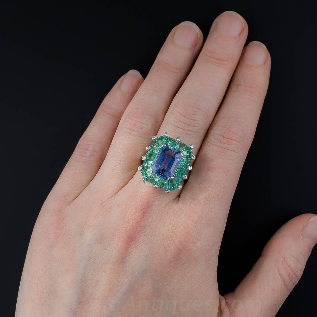5.68 Natural No-Heat Sapphire Green Beryl Platinum Cocktail Ring For Sale 2
