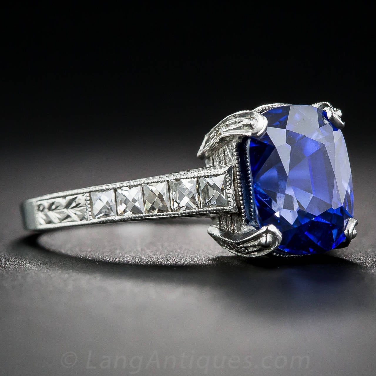 Art Deco 4.90 Burma Natural No-Heat Sapphire Diamond Platinum Ring For Sale